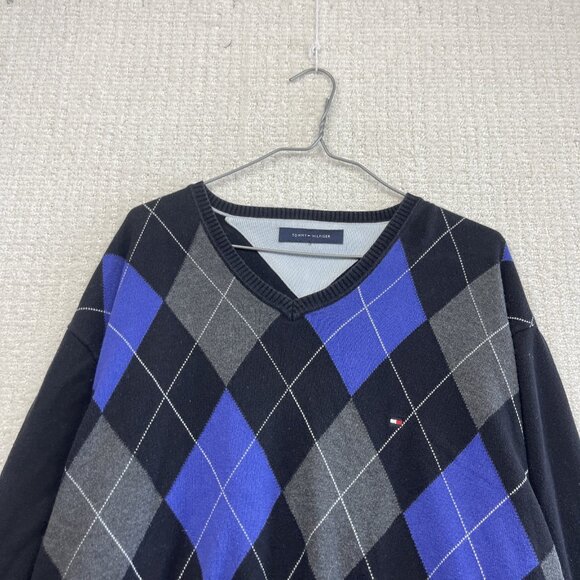 VTG Tommy Hilfiger Argyle Sweater Mens Purple / Black Diamond Dark Academia Read - Picture 2 of 11
